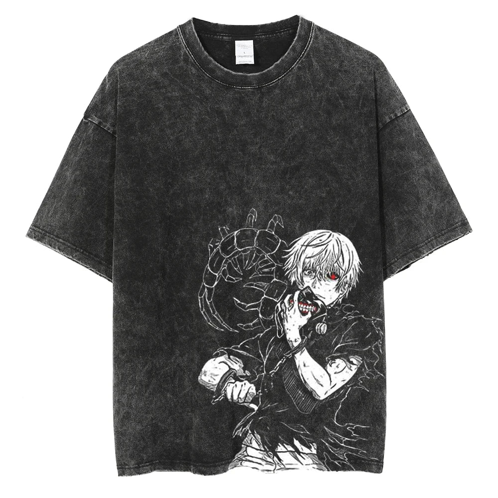 Camiseta de hip hop con estampado de anime para hombre, ropa de calle de manga corta, camiseta gráfica japonesa vintage, camisetas lavadas holgadas informales de estilo Harajuku