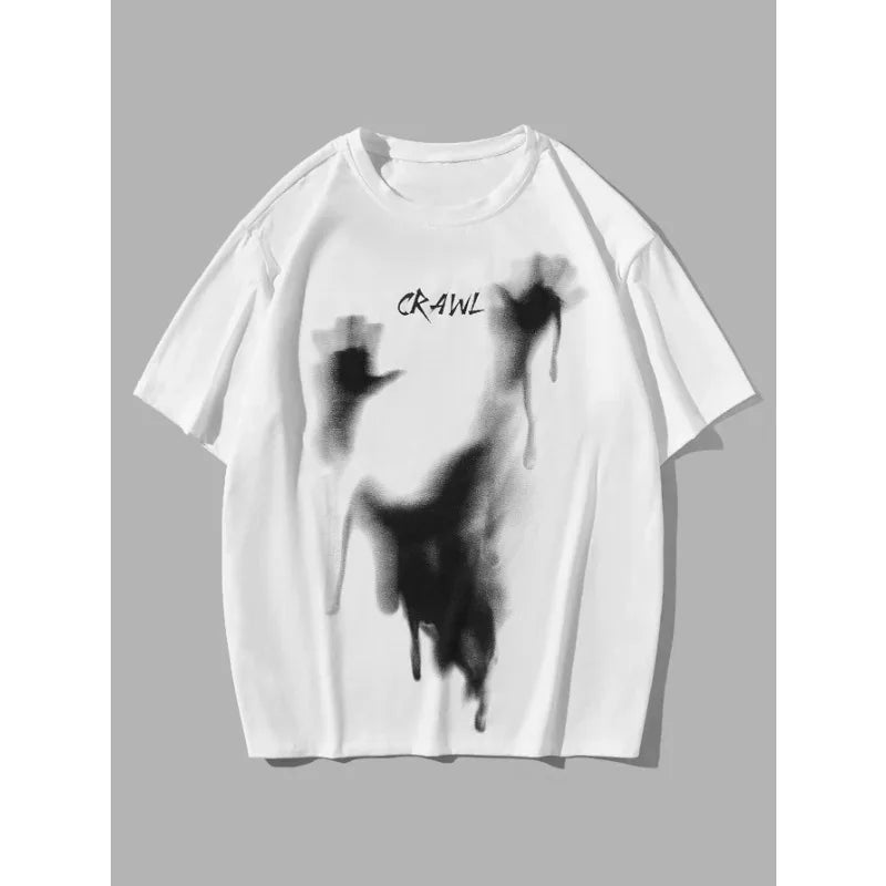 Camiseta holgada informal de manga corta con cuello redondo y estampado de palmeras y letras para parejas, estilo moderno y minimalista, color blanco