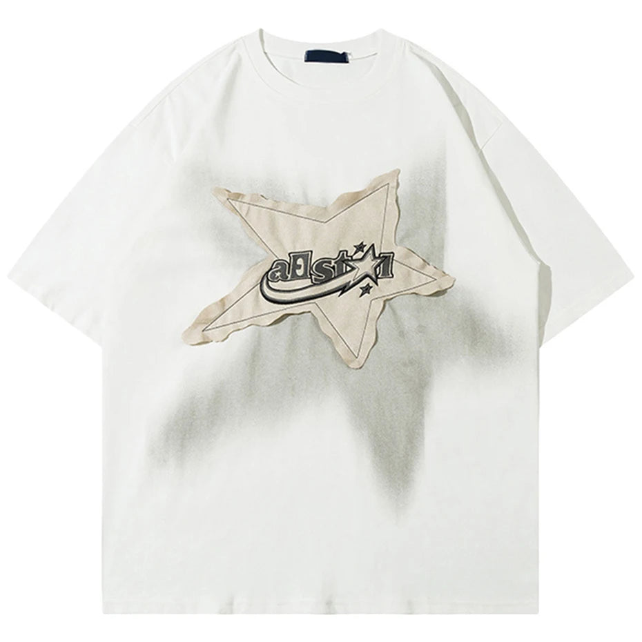Camiseta de gran tamaño para hombre, camisetas de calle Harajuku con empalme de estrellas, camisetas casuales holgadas de algodón a la moda para hombre 2023, camisetas de hip hop Y2K