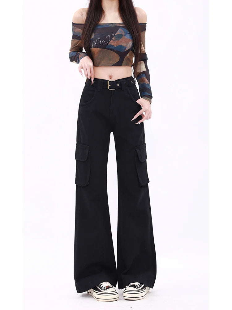 WCFCX STUDIO - Pantalones vaqueros holgados acampanados para mujer, estilo Harajuku Y2k, años 90, estilo gótico, color negro, de gran tamaño, estilo vintage