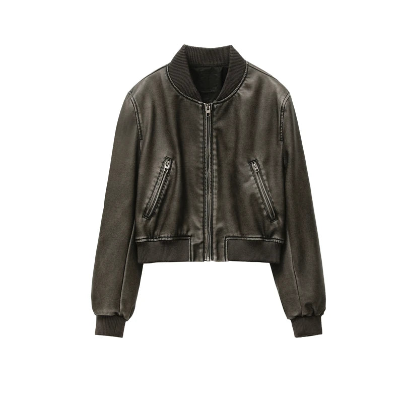 Chaqueta bomber de piel sintética vintage nueva de ZVRI para mujer 2023, abrigo estilo mujer
