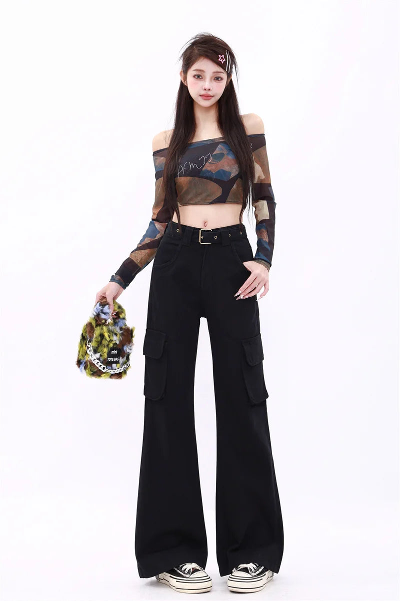 WCFCX STUDIO - Pantalones vaqueros holgados acampanados para mujer, estilo Harajuku Y2k, años 90, estilo gótico, color negro, de gran tamaño, estilo vintage