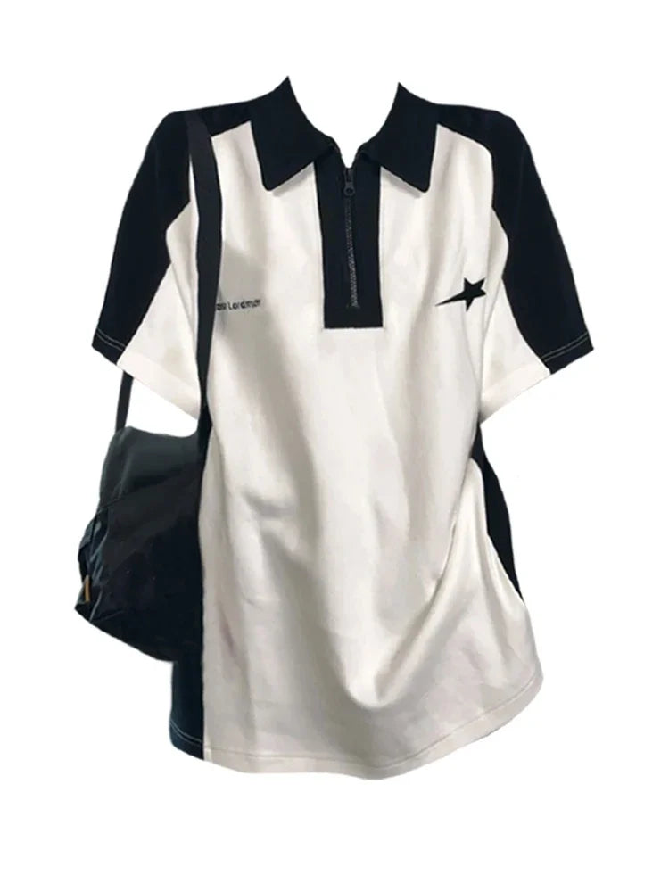تي شيرت صيفي أنيق بألوان متباينة على طراز Preppy Style، تي شيرت كوري كاجوال Y2k، تي شيرت بولو بأكمام قصيرة وياقة دائرية، تي شيرت عصري ملون برباط
