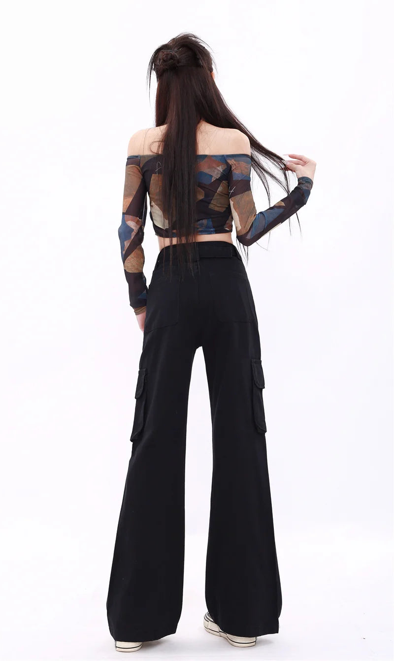 WCFCX STUDIO - Pantalones vaqueros holgados acampanados para mujer, estilo Harajuku Y2k, años 90, estilo gótico, color negro, de gran tamaño, estilo vintage
