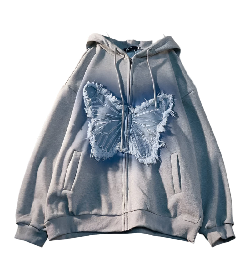 سترة نسائية جديدة من American Street BF Wind Butterfly ذات غطاء رأس Y2K بسحاب وغطاء رأس من علامة تجارية عصرية فضفاضة سترة قوطية للزوجين