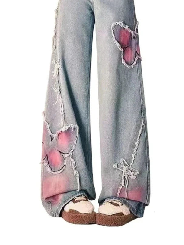 Pantalones holgados para mujer, vaqueros Y2K, ropa de calle, diseño vintage bordado, rectos, cintura alta, mariposa, patchwork, bordes sin rematar, drapeados