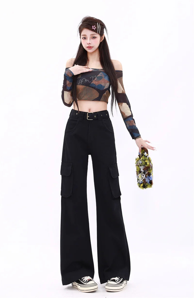WCFCX STUDIO - Pantalones vaqueros holgados acampanados para mujer, estilo Harajuku Y2k, años 90, estilo gótico, color negro, de gran tamaño, estilo vintage