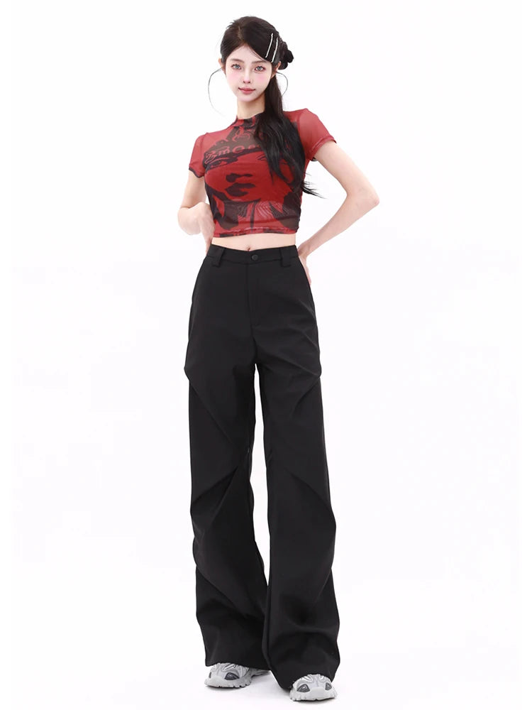 WCFCX STUDIO Pantalones de pierna ancha y cintura alta a la moda para mujer, primavera y verano, nuevos pantalones holgados de diseño de nicho, pantalones casuales, pantalones de traje rectos