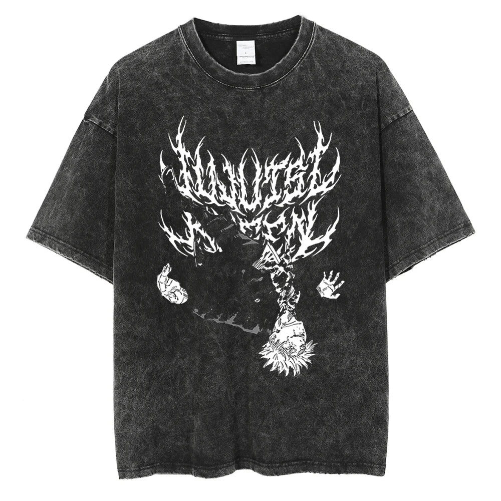 Camiseta de hip hop con estampado de anime para hombre, ropa de calle de manga corta, camiseta gráfica japonesa vintage, camisetas lavadas holgadas informales de estilo Harajuku