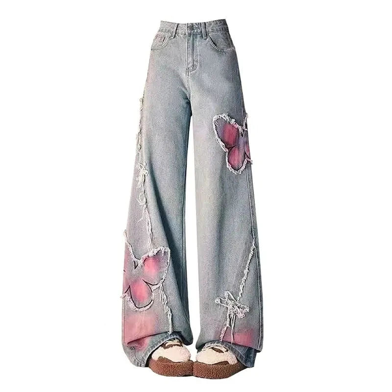Pantalones holgados para mujer, vaqueros Y2K, ropa de calle, diseño vintage bordado, rectos, cintura alta, mariposa, patchwork, bordes sin rematar, drapeados
