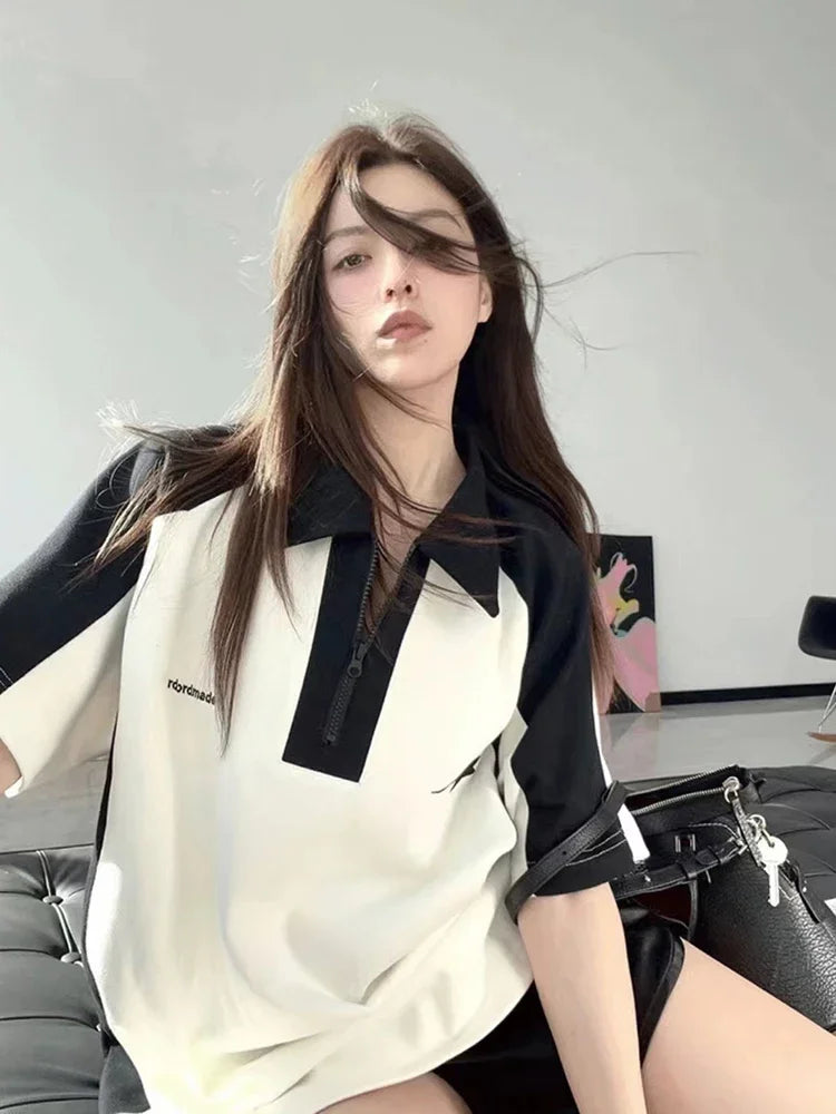 تي شيرت صيفي أنيق بألوان متباينة على طراز Preppy Style، تي شيرت كوري كاجوال Y2k، تي شيرت بولو بأكمام قصيرة وياقة دائرية، تي شيرت عصري ملون برباط