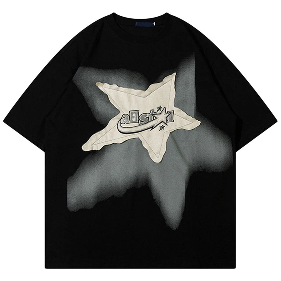 Camiseta de gran tamaño para hombre, camisetas de calle Harajuku con empalme de estrellas, camisetas casuales holgadas de algodón a la moda para hombre 2023, camisetas de hip hop Y2K
