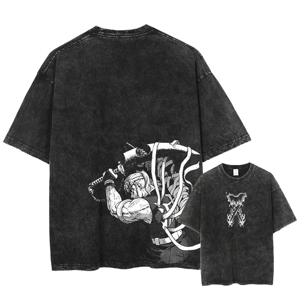 Camiseta de hip hop con estampado de anime para hombre, ropa de calle de manga corta, camiseta gráfica japonesa vintage, camisetas lavadas holgadas informales de estilo Harajuku