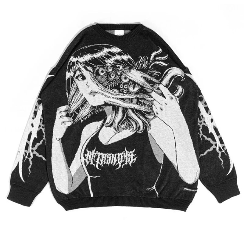 سترة كبيرة الحجم للرجال والنساء من Harajuku Anime Girl Graffiti Vintage Knitted Sweater 2023 سترة شتوية للجنسين من القطن ملابس الشارع