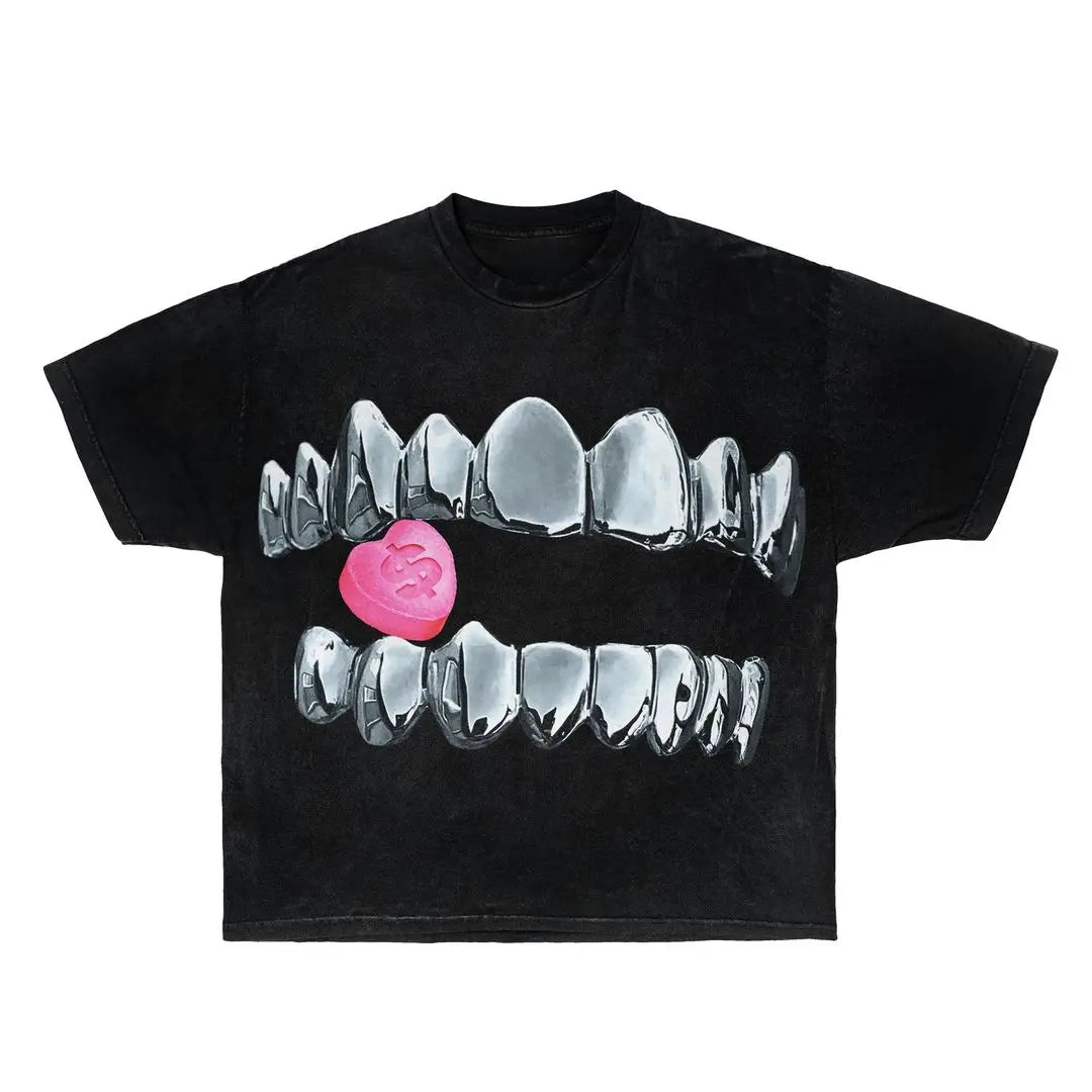 Top de estilo hip-hop Y2k de manga corta con cuello redondo holgado y estampado divertido de algodón puro retro para mujer