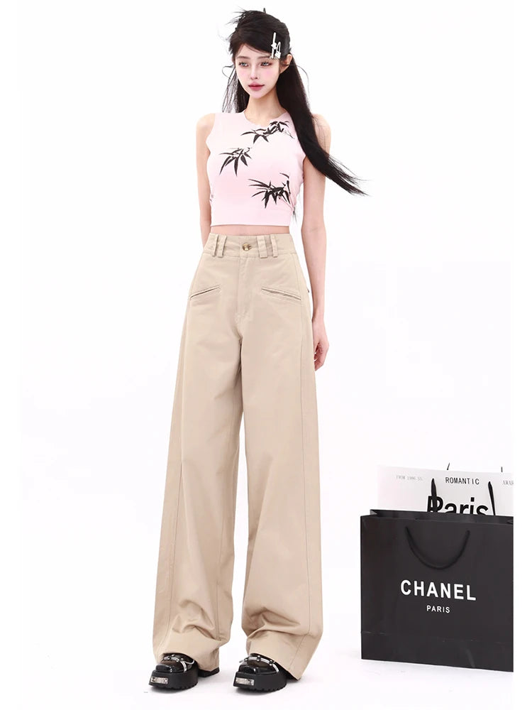WCFCX STUDIO Pantalones de pierna ancha estilo vintage americano 2024 nuevos pantalones de traje de color sólido para mujer pantalones casuales de oficina de cintura alta rectos