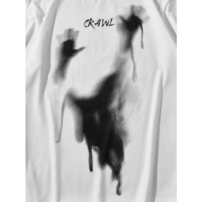 Camiseta holgada informal de manga corta con cuello redondo y estampado de palmeras y letras para parejas, estilo moderno y minimalista, color blanco