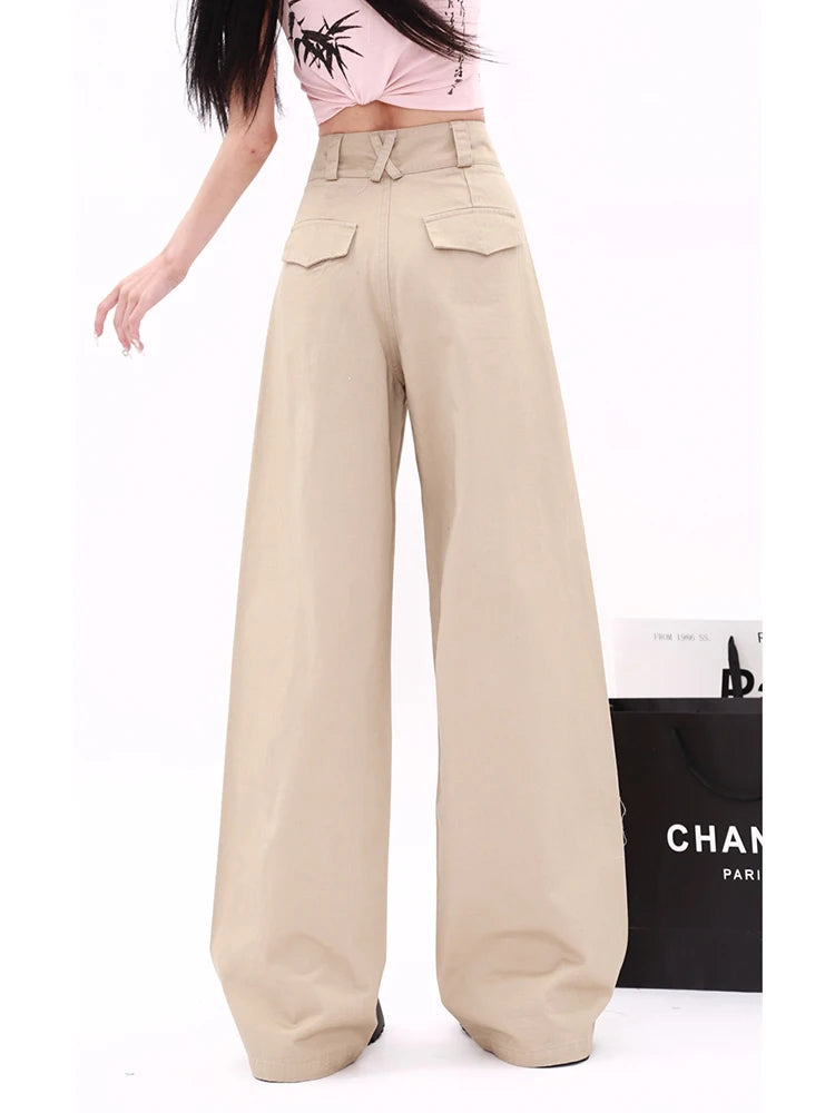 WCFCX STUDIO Pantalones de pierna ancha estilo vintage americano 2024 nuevos pantalones de traje de color sólido para mujer pantalones casuales de oficina de cintura alta rectos