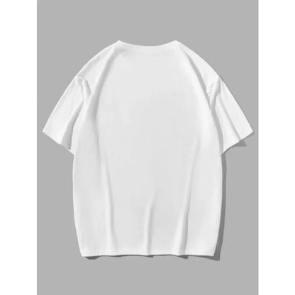 Camiseta holgada informal de manga corta con cuello redondo y estampado de palmeras y letras para parejas, estilo moderno y minimalista, color blanco