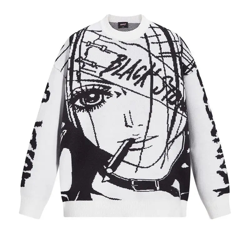 سترة كبيرة الحجم للرجال والنساء من Harajuku Anime Girl Graffiti Vintage Knitted Sweater 2023 سترة شتوية للجنسين من القطن ملابس الشارع