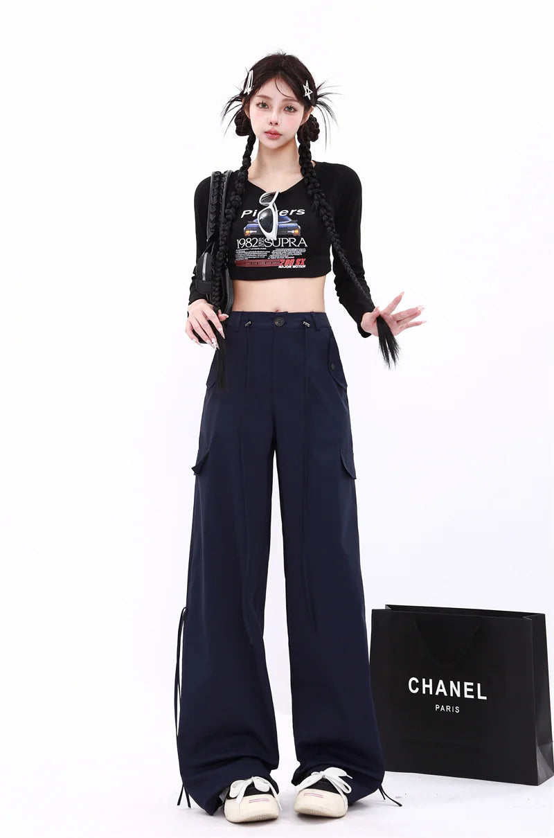 WCFCX STUDIO Pantalones casuales de estilo retro americano de estilo callejero, pantalones ajustados de color sólido para mujer, pantalones cargo con cordón estilo hip hop Y2k