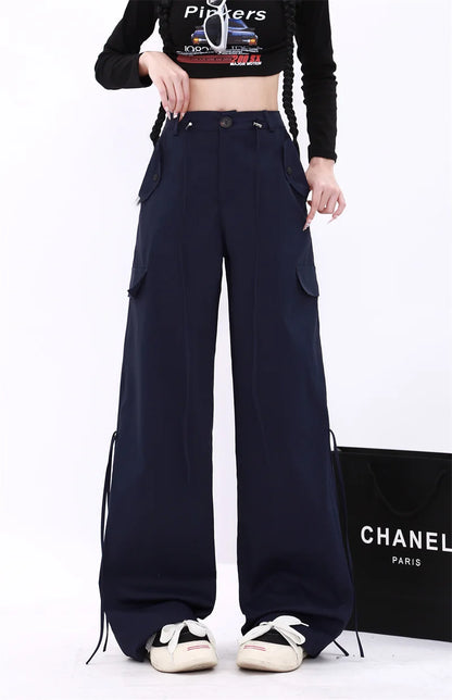 WCFCX STUDIO Pantalones casuales de estilo retro americano de estilo callejero, pantalones ajustados de color sólido para mujer, pantalones cargo con cordón estilo hip hop Y2k