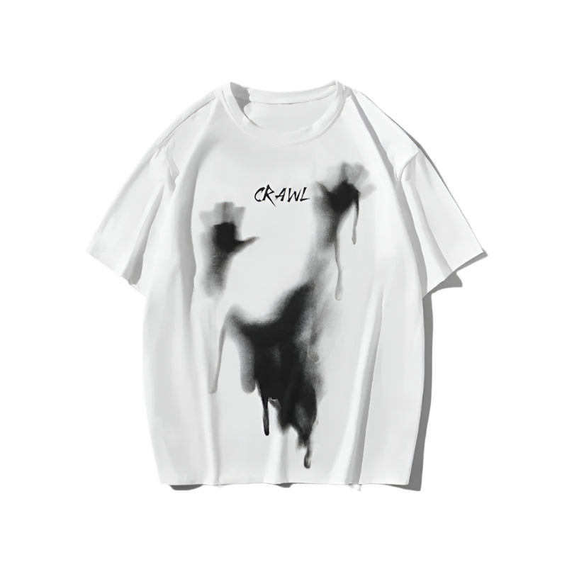 Camiseta holgada informal de manga corta con cuello redondo y estampado de palmeras y letras para parejas, estilo moderno y minimalista, color blanco