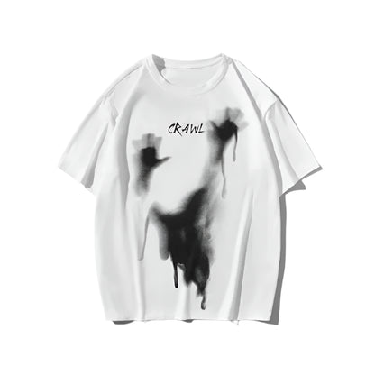 Camiseta holgada informal de manga corta con cuello redondo y estampado de palmeras y letras para parejas, estilo moderno y minimalista, color blanco