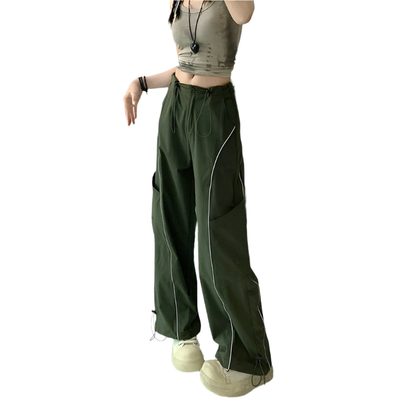 WCFCX STUDIO Pantalones deportivos de moda con cordón de estilo vintage americano para mujer, pantalones largos rectos de cintura baja, casuales, holgados y con bolsillos