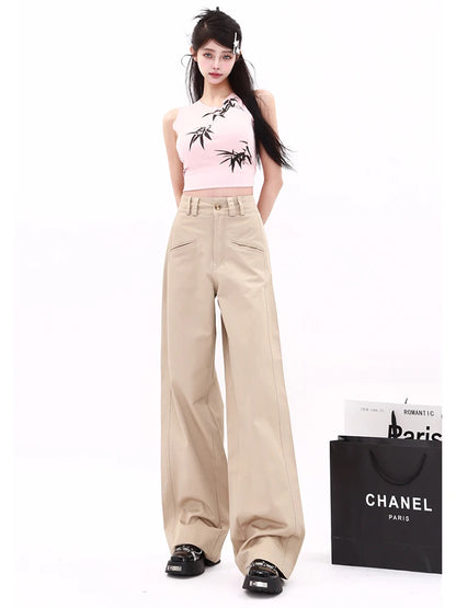 WCFCX STUDIO Pantalones de pierna ancha estilo vintage americano 2024 nuevos pantalones de traje de color sólido para mujer pantalones casuales de oficina de cintura alta rectos