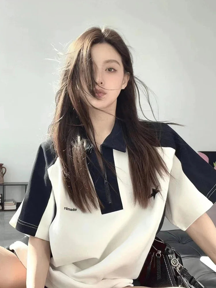 تي شيرت صيفي أنيق بألوان متباينة على طراز Preppy Style، تي شيرت كوري كاجوال Y2k، تي شيرت بولو بأكمام قصيرة وياقة دائرية، تي شيرت عصري ملون برباط