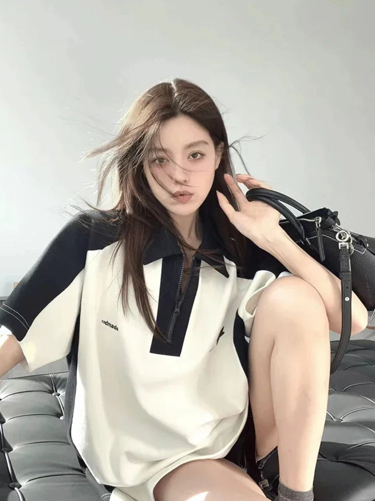 تي شيرت صيفي أنيق بألوان متباينة على طراز Preppy Style، تي شيرت كوري كاجوال Y2k، تي شيرت بولو بأكمام قصيرة وياقة دائرية، تي شيرت عصري ملون برباط
