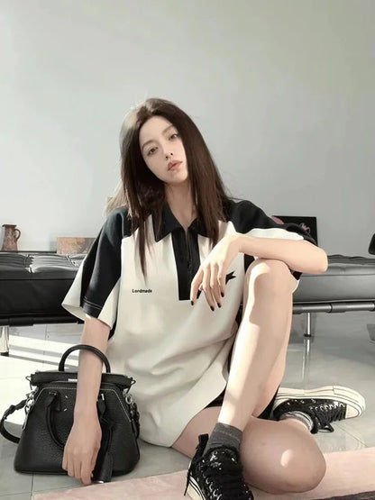 تي شيرت صيفي أنيق بألوان متباينة على طراز Preppy Style، تي شيرت كوري كاجوال Y2k، تي شيرت بولو بأكمام قصيرة وياقة دائرية، تي شيرت عصري ملون برباط