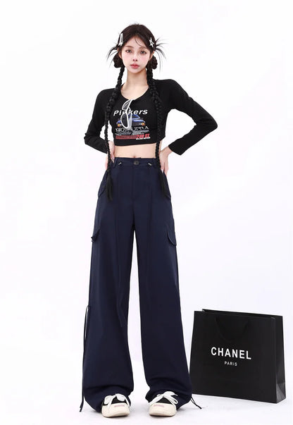 WCFCX STUDIO Pantalones casuales de estilo retro americano de estilo callejero, pantalones ajustados de color sólido para mujer, pantalones cargo con cordón estilo hip hop Y2k